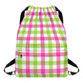 White Pink And Green Buffalo Plaid Print Drawstring Backpack