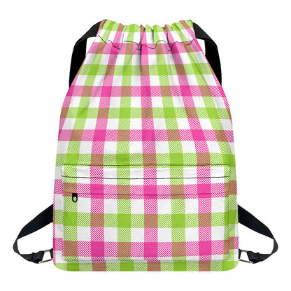 White Pink And Green Buffalo Plaid Print Drawstring Backpack