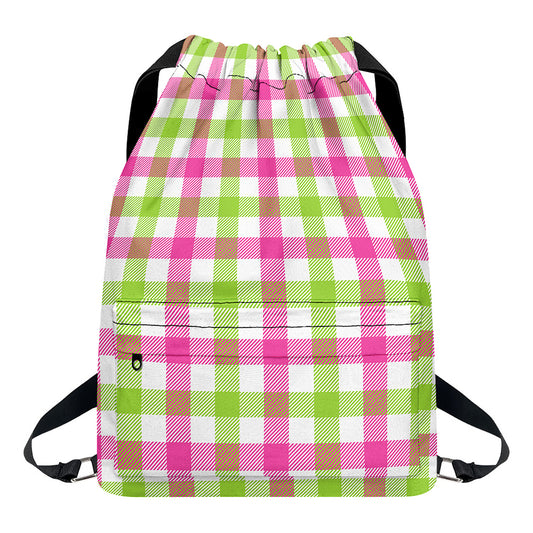 White Pink And Green Buffalo Plaid Print Drawstring Backpack