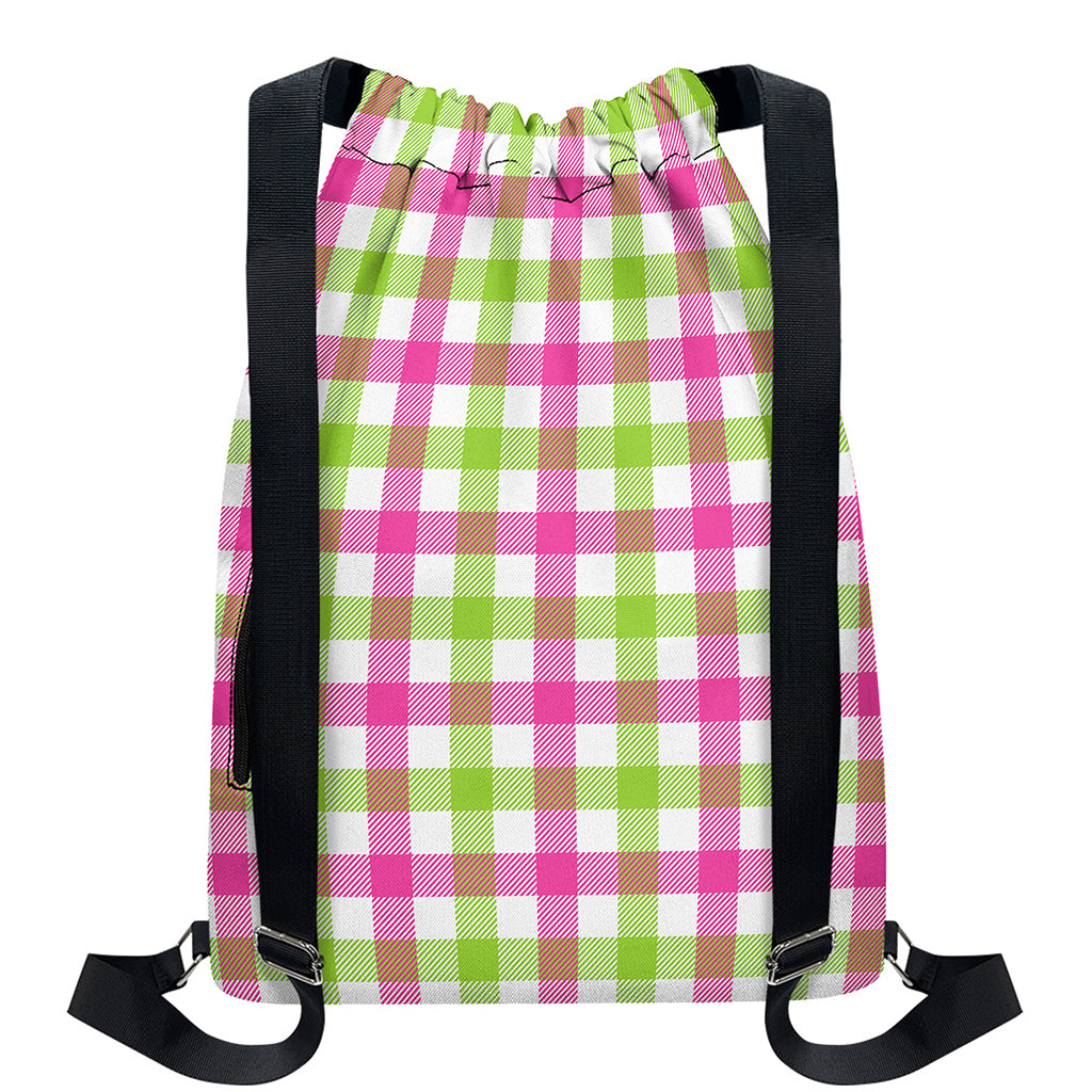 White Pink And Green Buffalo Plaid Print Drawstring Backpack