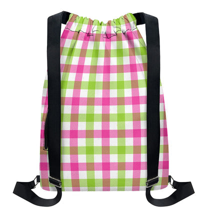 White Pink And Green Buffalo Plaid Print Drawstring Backpack