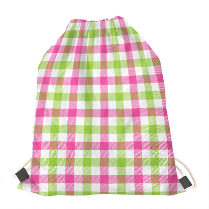 White Pink And Green Buffalo Plaid Print Drawstring Bag
