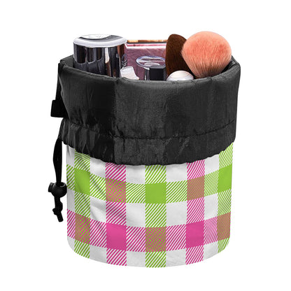 White Pink And Green Buffalo Plaid Print Drawstring Makeup Bag
