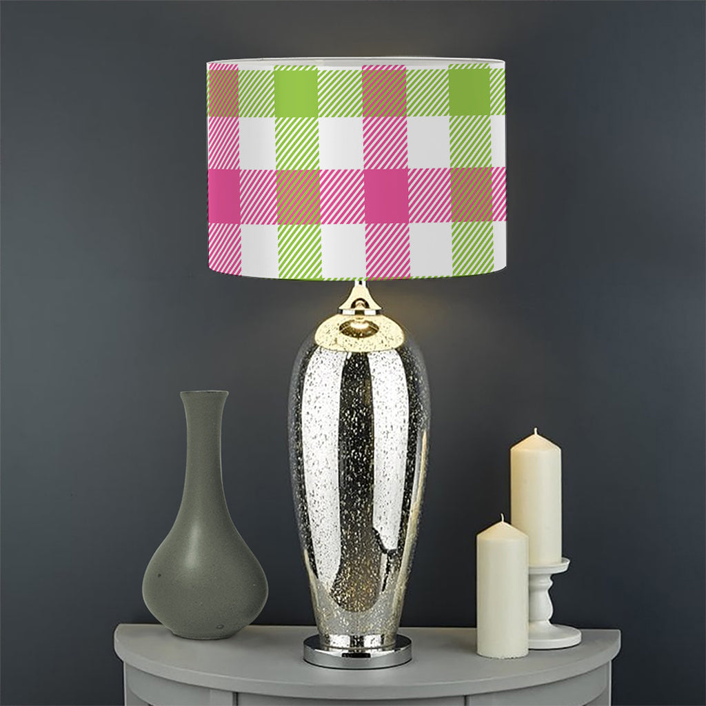 White Pink And Green Buffalo Plaid Print Drum Lamp Shade