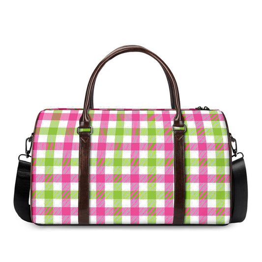 White Pink And Green Buffalo Plaid Print Duffle Bag