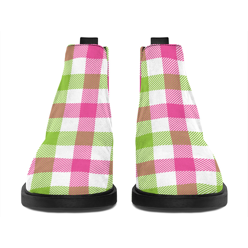 White Pink And Green Buffalo Plaid Print Flat Ankle Boots