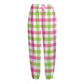 White Pink And Green Buffalo Plaid Print Fleece Lined Knit Pants