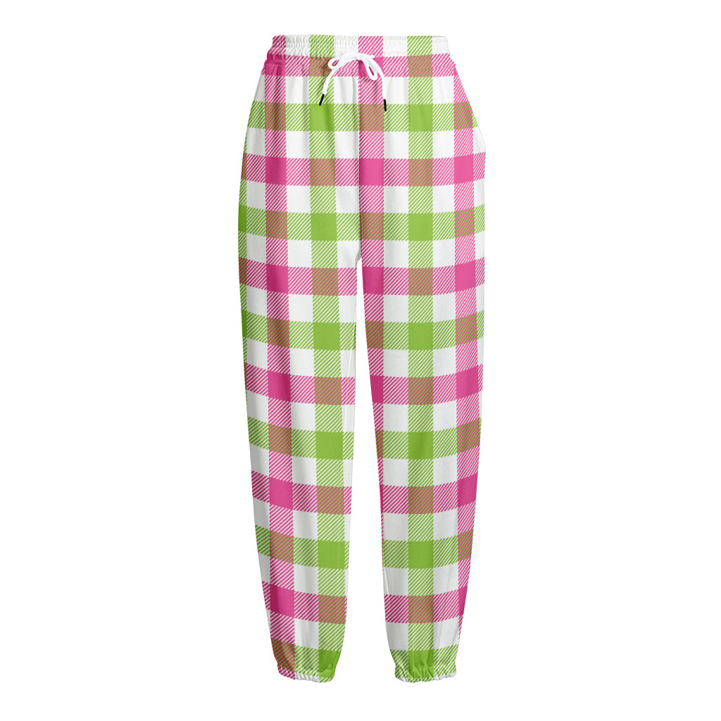 White Pink And Green Buffalo Plaid Print Fleece Lined Knit Pants