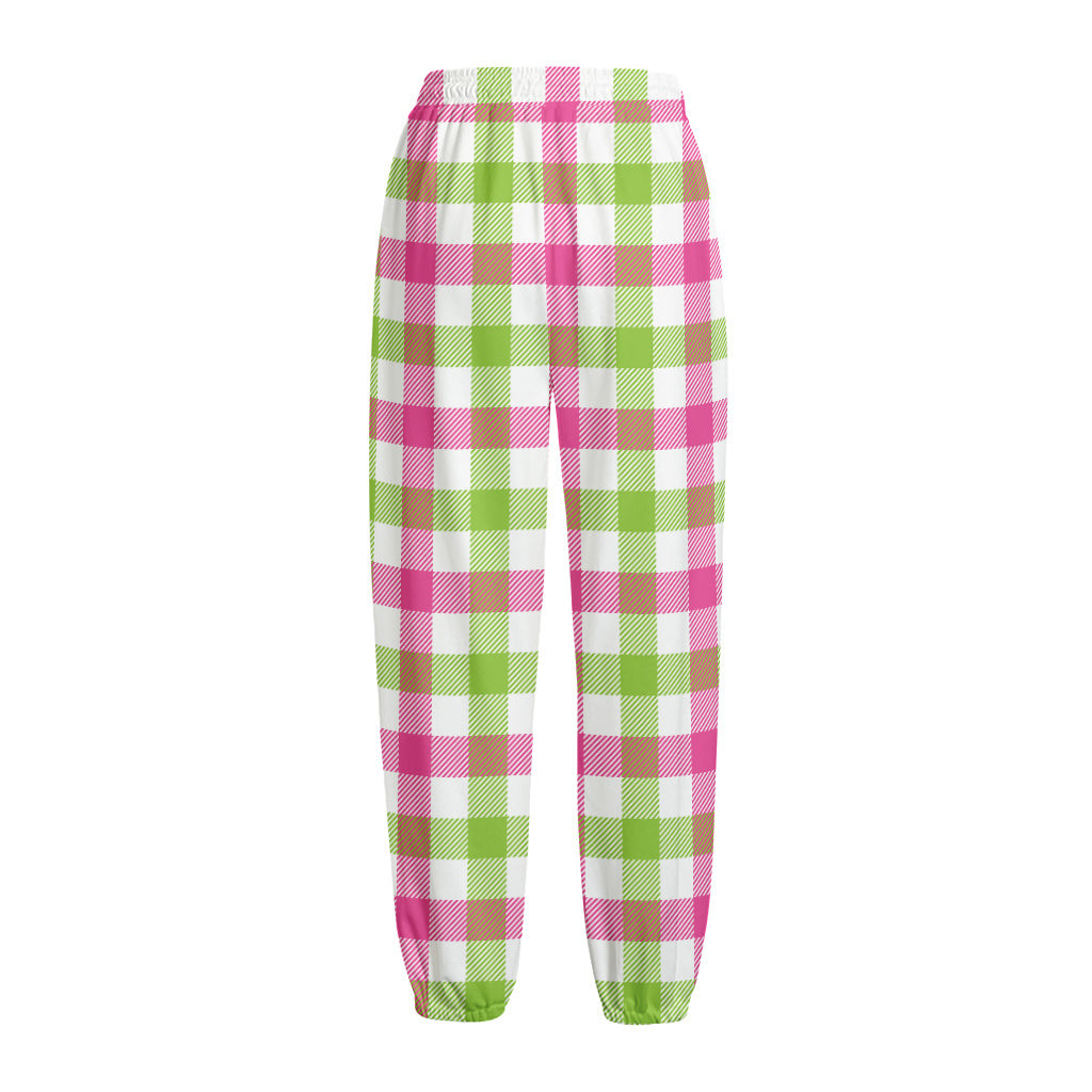 White Pink And Green Buffalo Plaid Print Fleece Lined Knit Pants