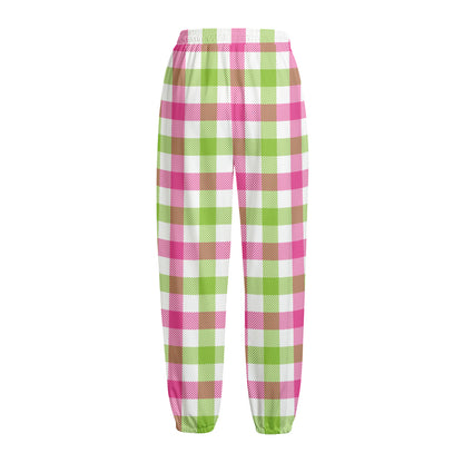 White Pink And Green Buffalo Plaid Print Fleece Lined Knit Pants
