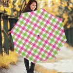 White Pink And Green Buffalo Plaid Print Foldable Umbrella