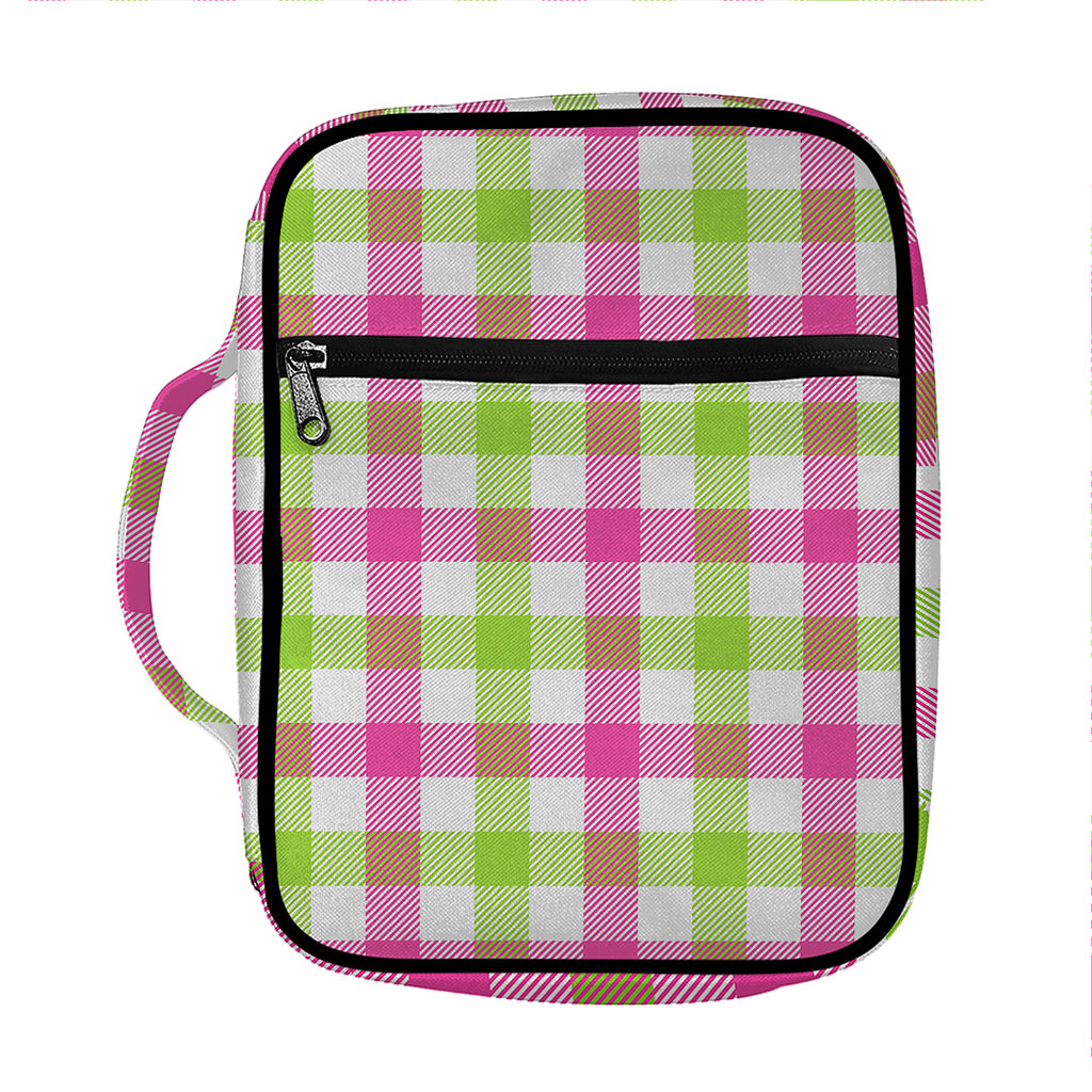 White Pink And Green Buffalo Plaid Print Front Pocket Bible Bag