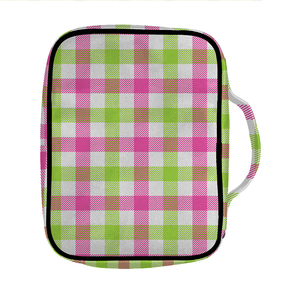 White Pink And Green Buffalo Plaid Print Front Pocket Bible Bag