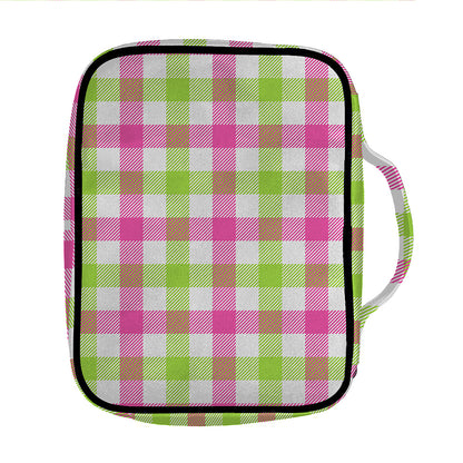 White Pink And Green Buffalo Plaid Print Front Pocket Bible Bag