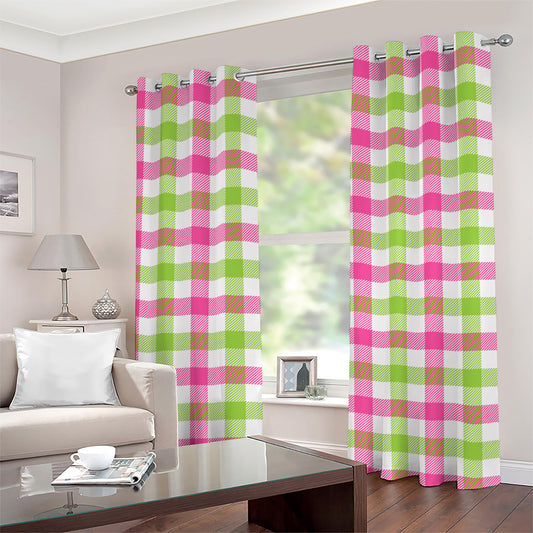 White Pink And Green Buffalo Plaid Print Grommet Curtains