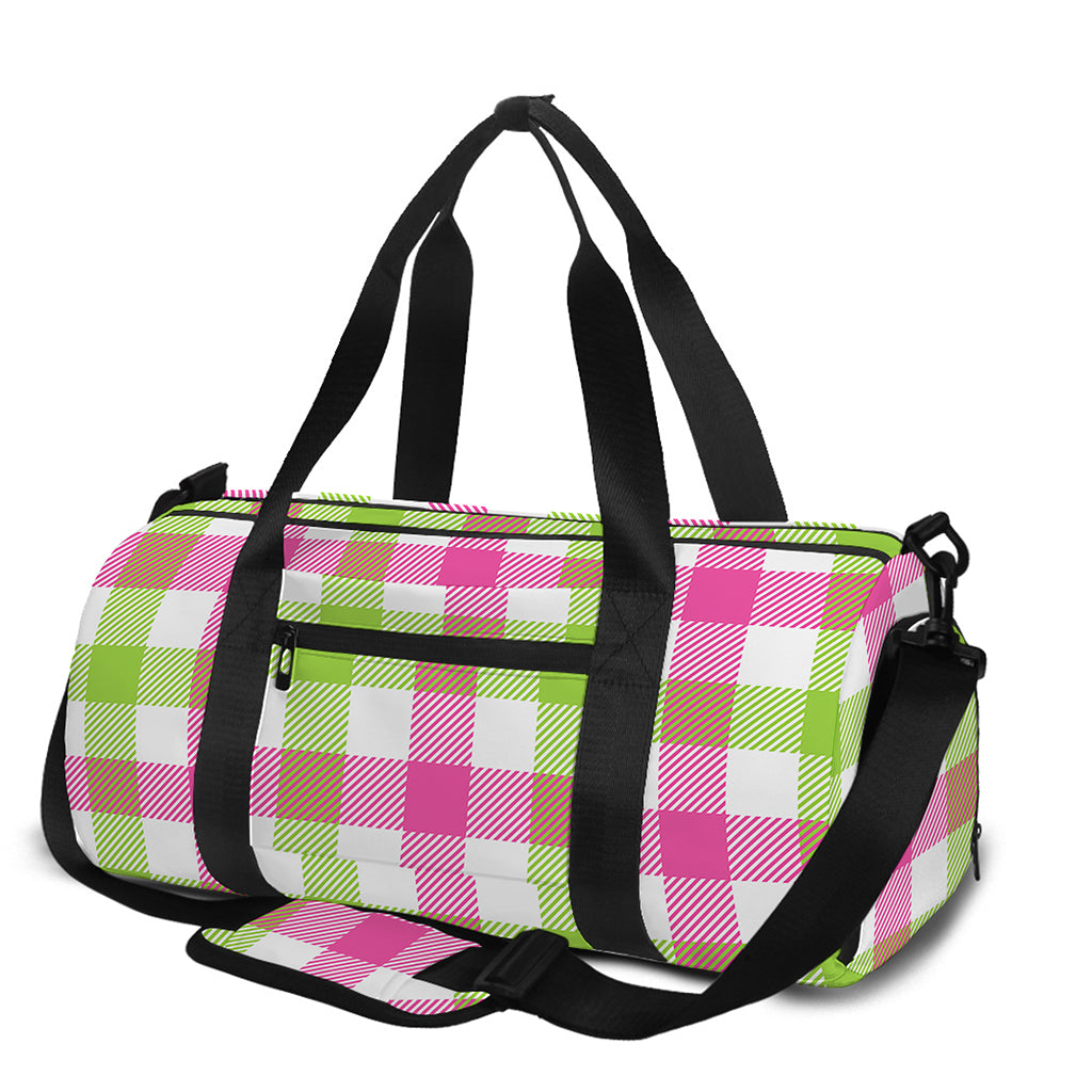 White Pink And Green Buffalo Plaid Print Gym Bag