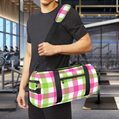 White Pink And Green Buffalo Plaid Print Gym Bag