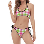 White Pink And Green Buffalo Plaid Print Halter Scoop Tie Side Bikini