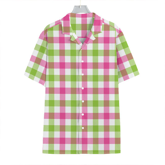 White Pink And Green Buffalo Plaid Print Hawaiian Shirt