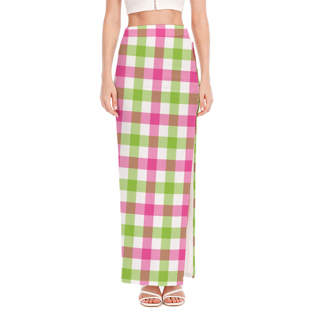 White Pink And Green Buffalo Plaid Print High Slit Maxi Skirt