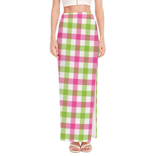 White Pink And Green Buffalo Plaid Print High Slit Maxi Skirt