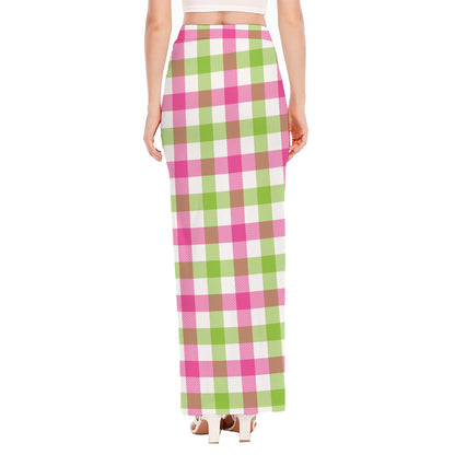White Pink And Green Buffalo Plaid Print High Slit Maxi Skirt
