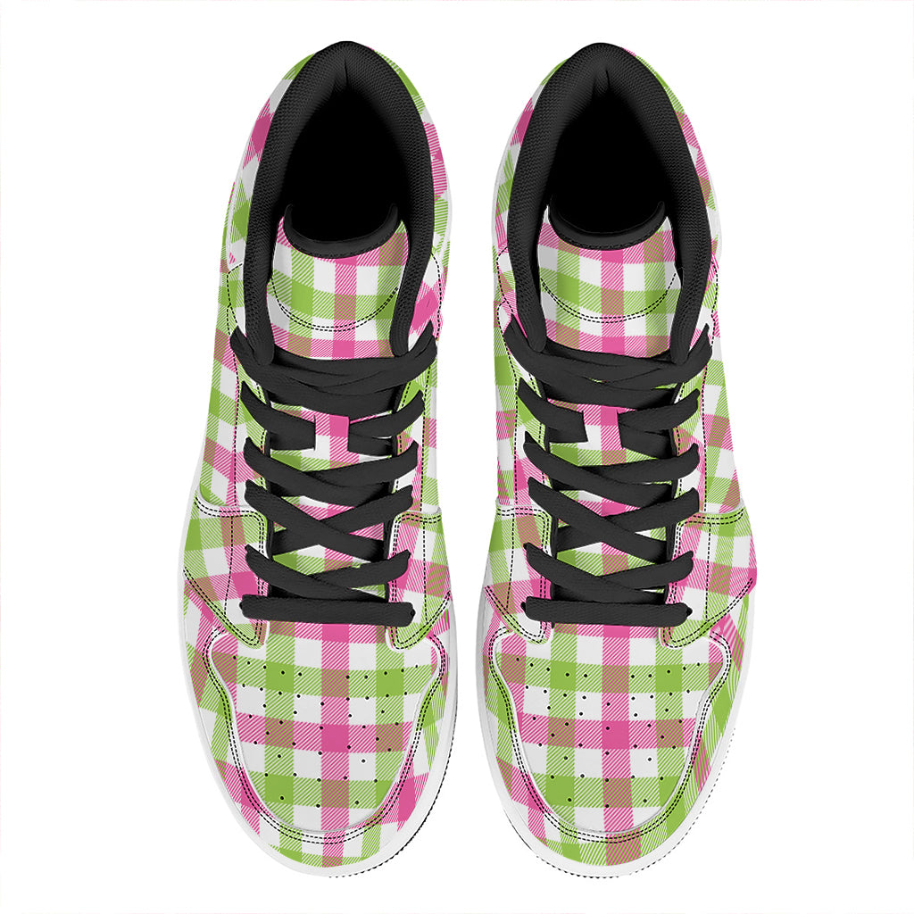 White Pink And Green Buffalo Plaid Print High Top Leather Sneakers