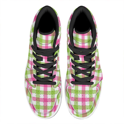 White Pink And Green Buffalo Plaid Print High Top Leather Sneakers
