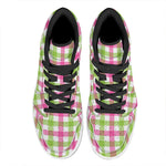 White Pink And Green Buffalo Plaid Print High Top Leather Sneakers