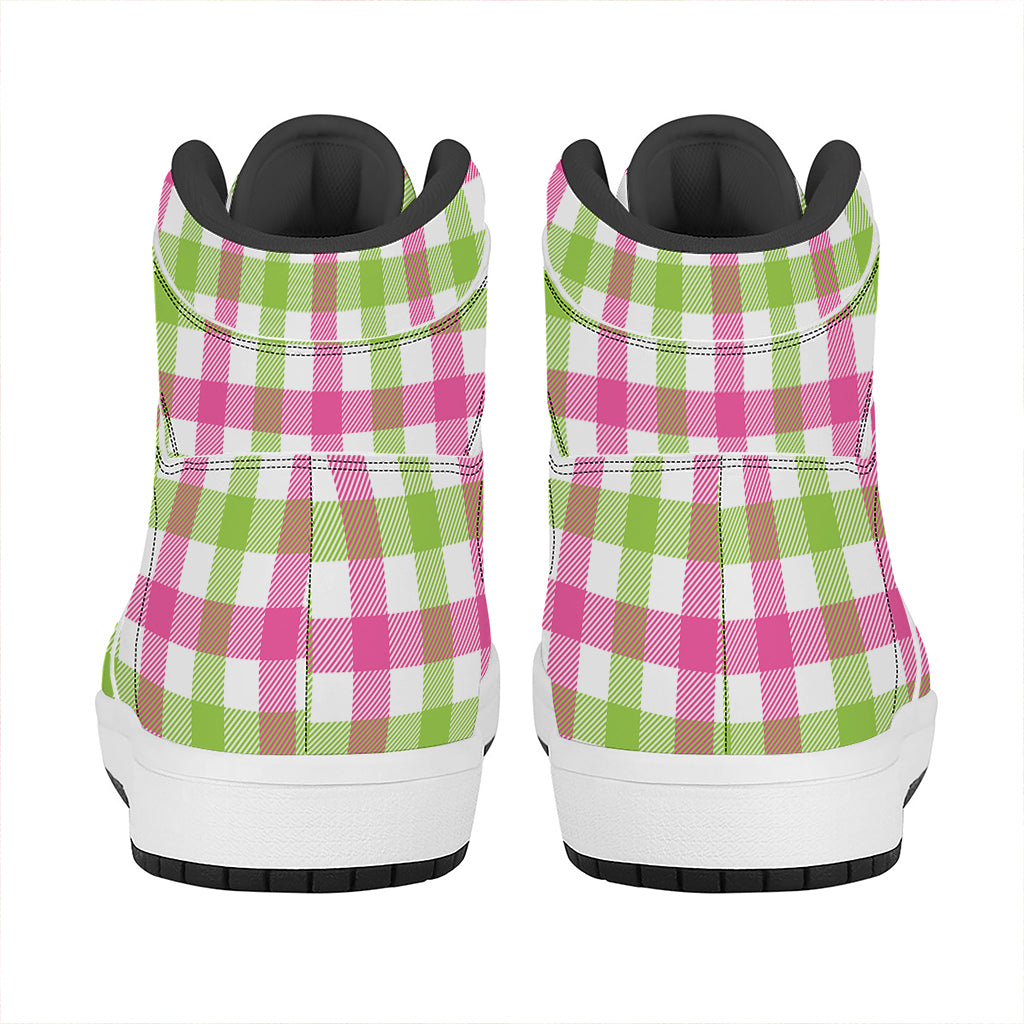 White Pink And Green Buffalo Plaid Print High Top Leather Sneakers