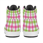 White Pink And Green Buffalo Plaid Print High Top Leather Sneakers