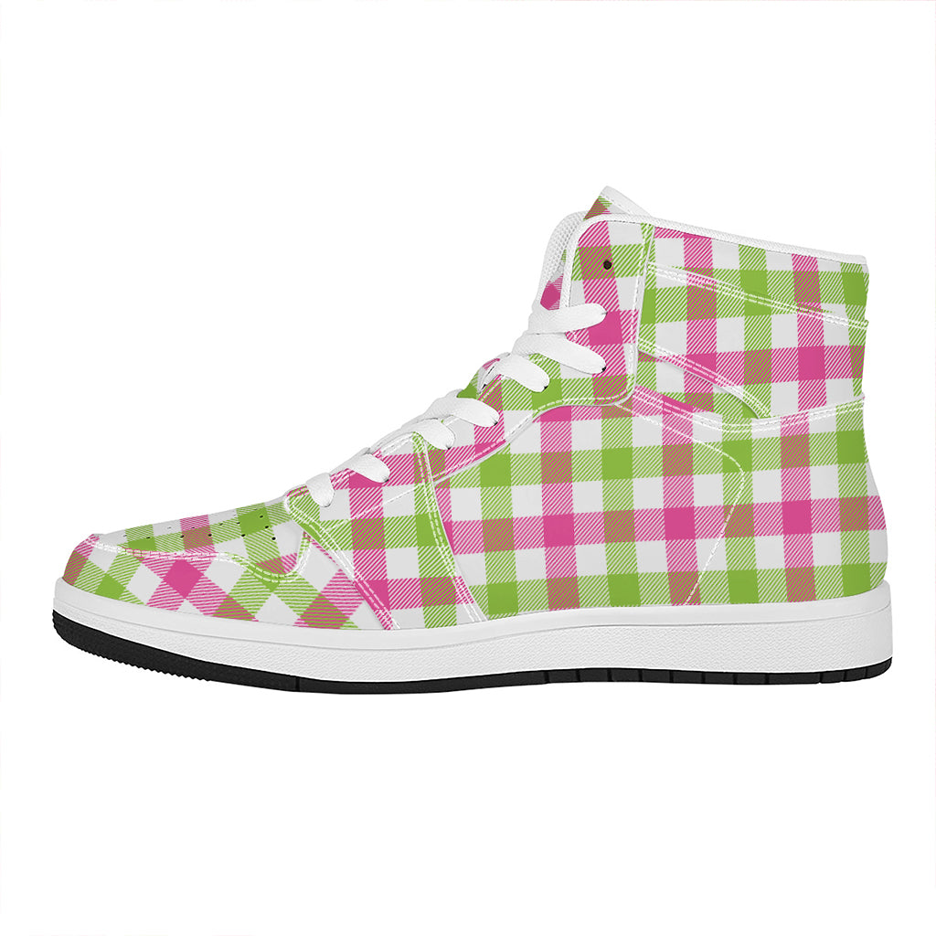 White Pink And Green Buffalo Plaid Print High Top Leather Sneakers