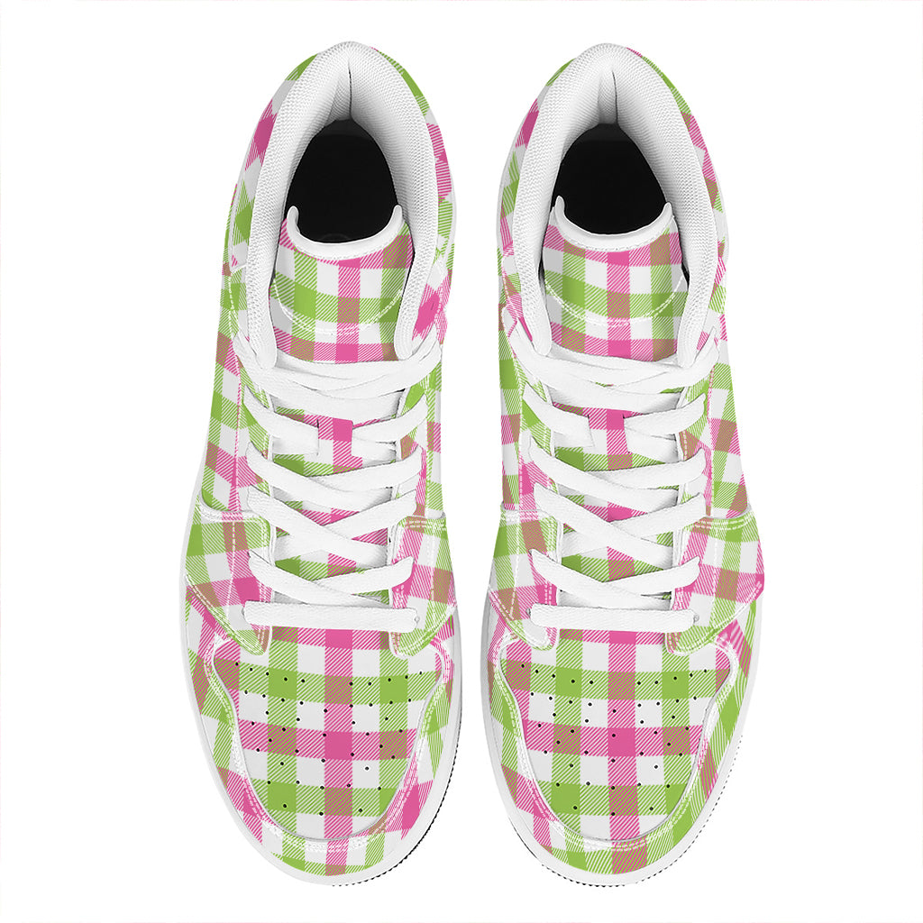 White Pink And Green Buffalo Plaid Print High Top Leather Sneakers