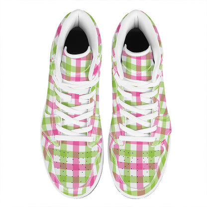 White Pink And Green Buffalo Plaid Print High Top Leather Sneakers