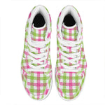 White Pink And Green Buffalo Plaid Print High Top Leather Sneakers