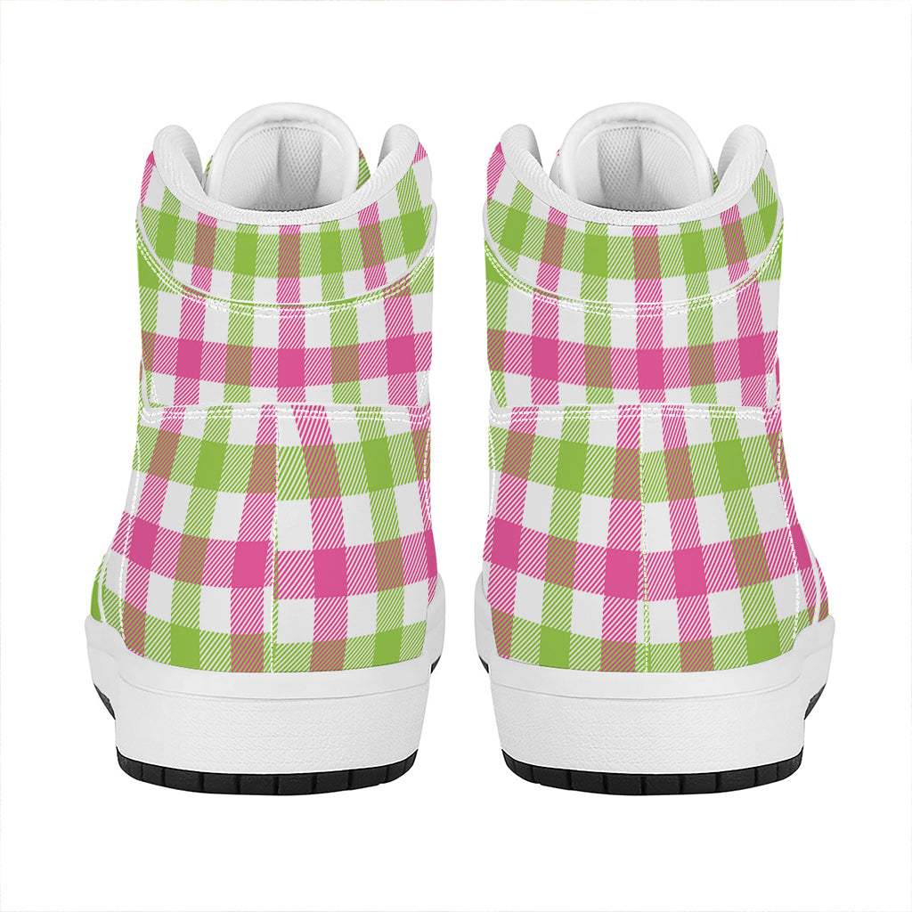White Pink And Green Buffalo Plaid Print High Top Leather Sneakers