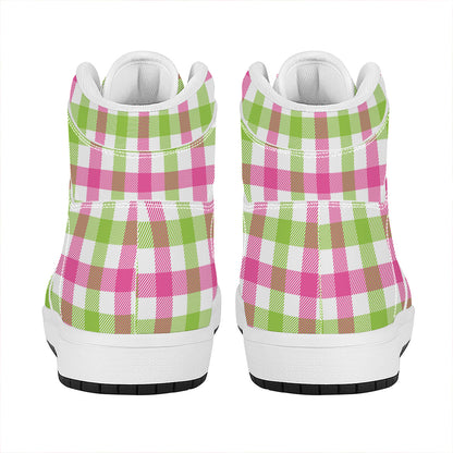White Pink And Green Buffalo Plaid Print High Top Leather Sneakers