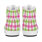 White Pink And Green Buffalo Plaid Print High Top Leather Sneakers