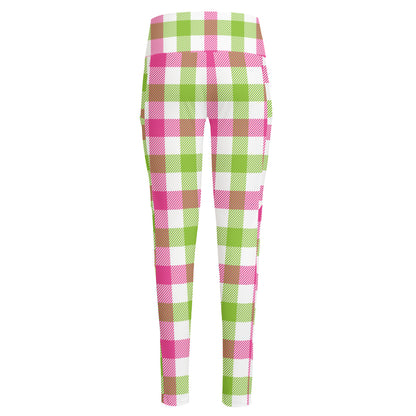 White Pink And Green Buffalo Plaid Print High-Waisted Pocket Leggings