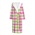 White Pink And Green Buffalo Plaid Print Hooded Bathrobe