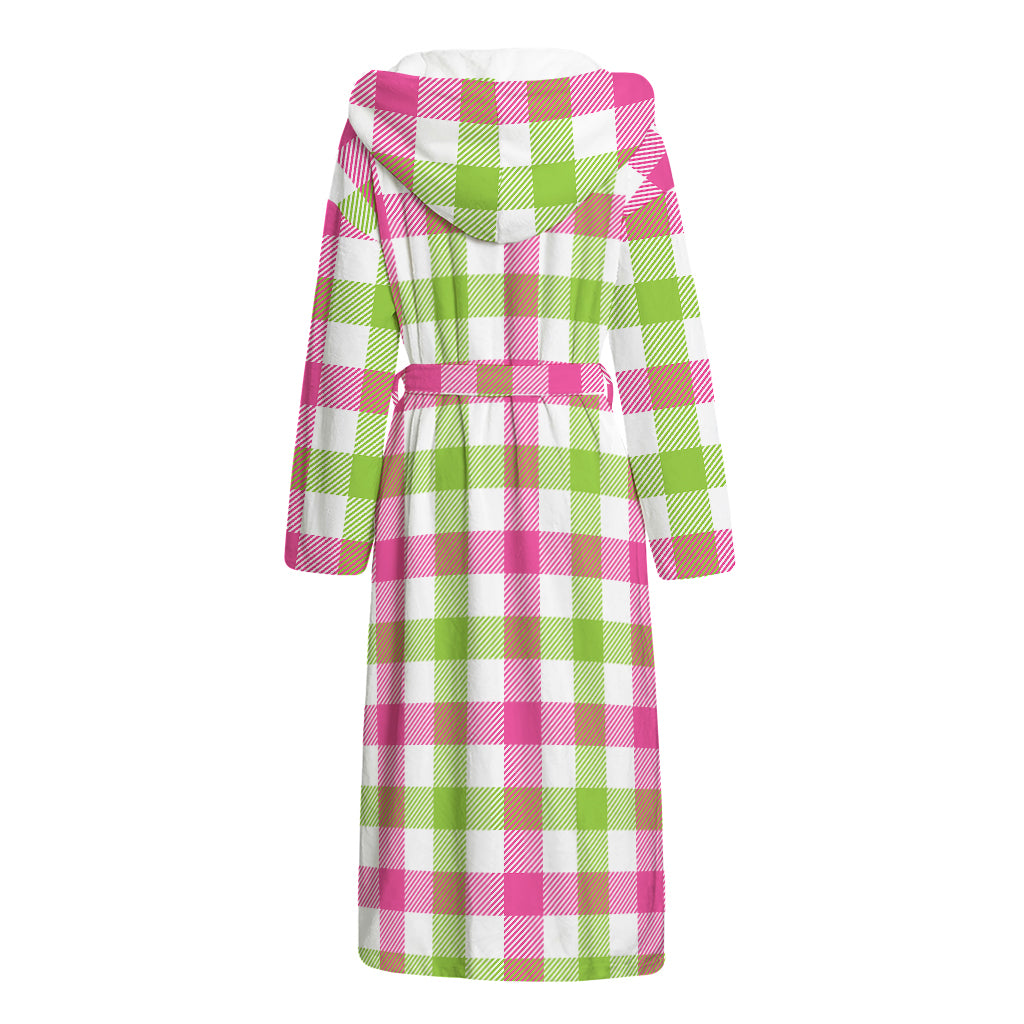 White Pink And Green Buffalo Plaid Print Hooded Bathrobe
