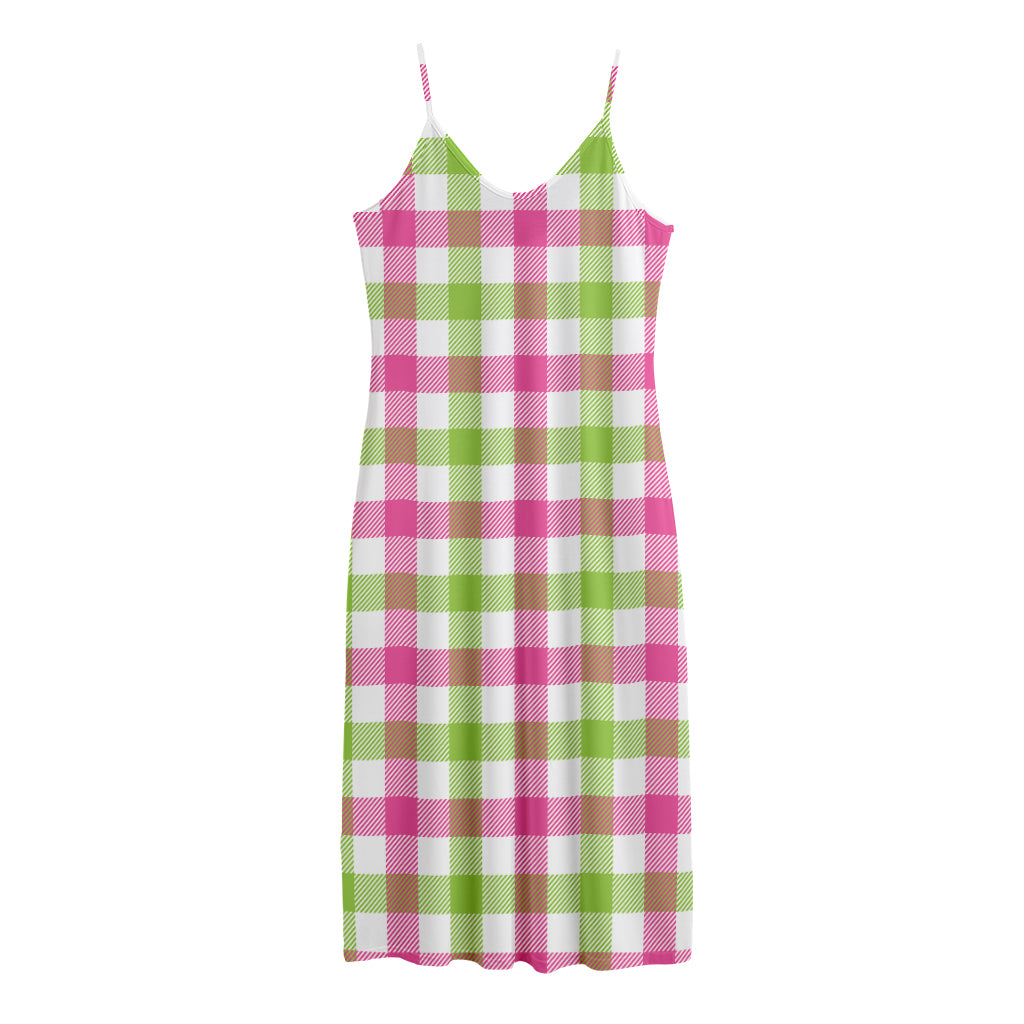 White Pink And Green Buffalo Plaid Print Jersey Midi Cami Dress