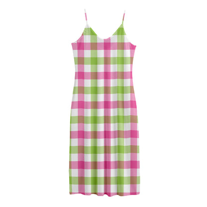 White Pink And Green Buffalo Plaid Print Jersey Midi Cami Dress