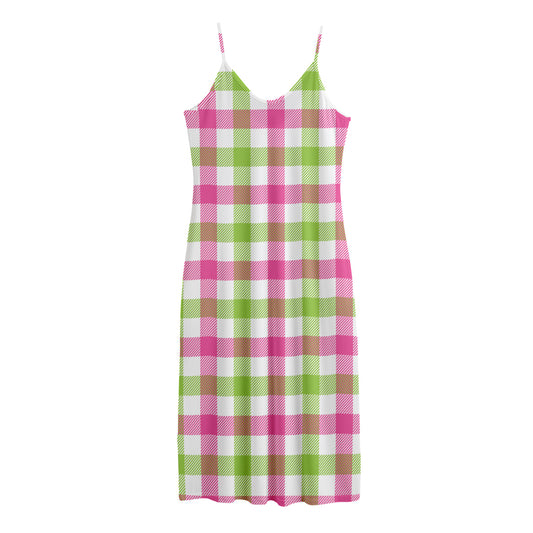 White Pink And Green Buffalo Plaid Print Jersey Midi Cami Dress