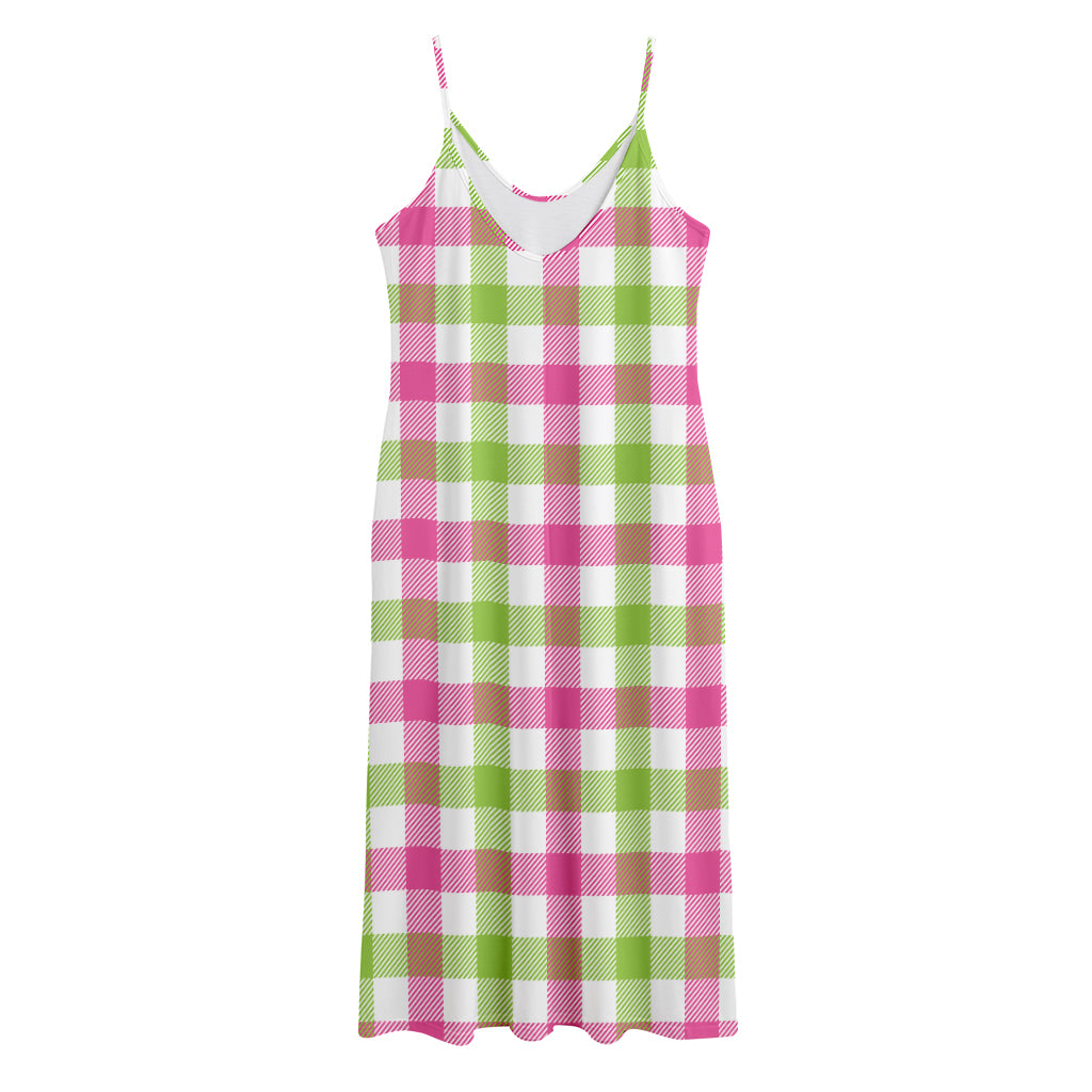 White Pink And Green Buffalo Plaid Print Jersey Midi Cami Dress