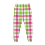 White Pink And Green Buffalo Plaid Print Jogger Pants