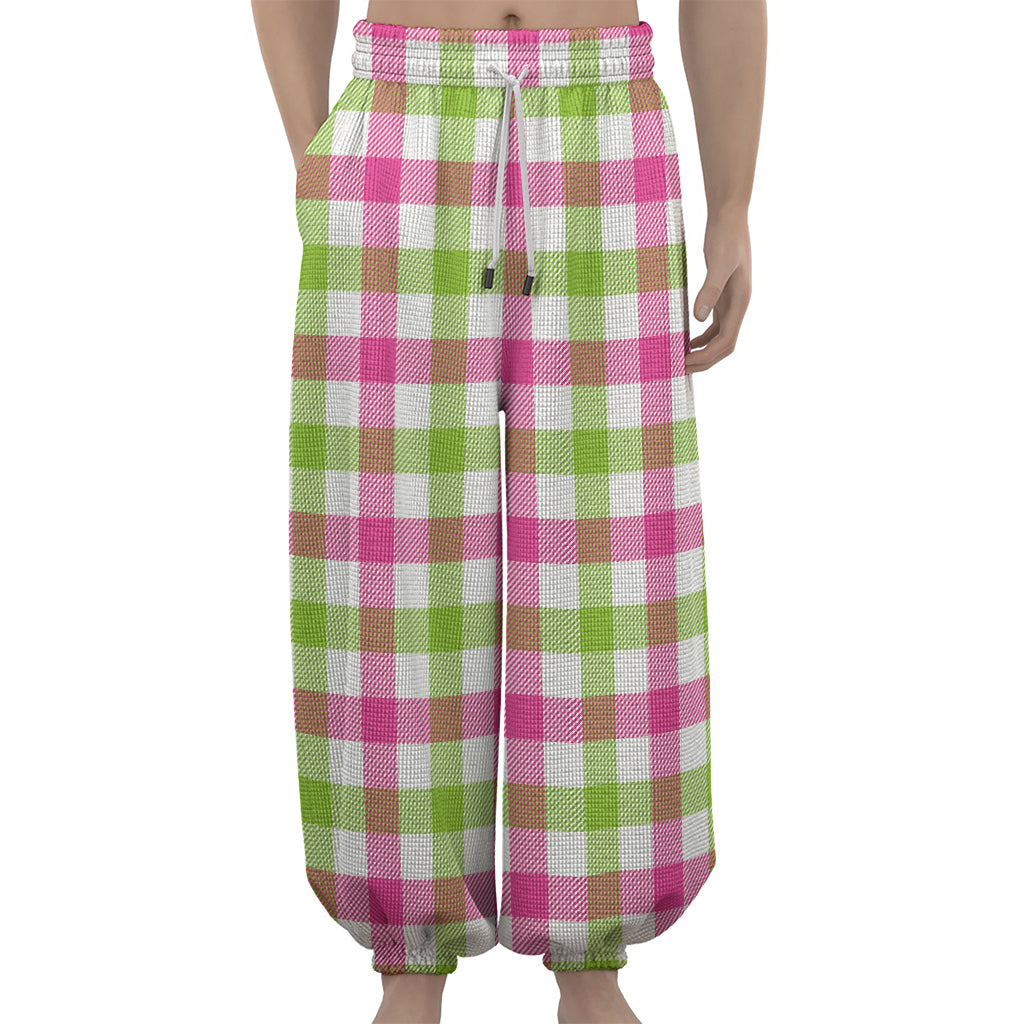 White Pink And Green Buffalo Plaid Print Lantern Pants