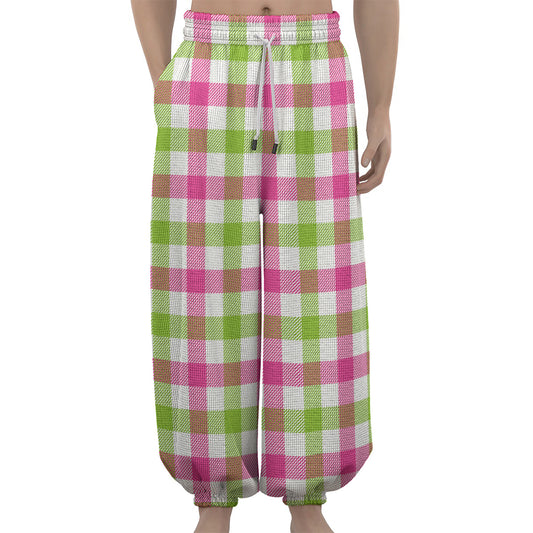 White Pink And Green Buffalo Plaid Print Lantern Pants