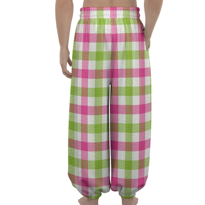 White Pink And Green Buffalo Plaid Print Lantern Pants