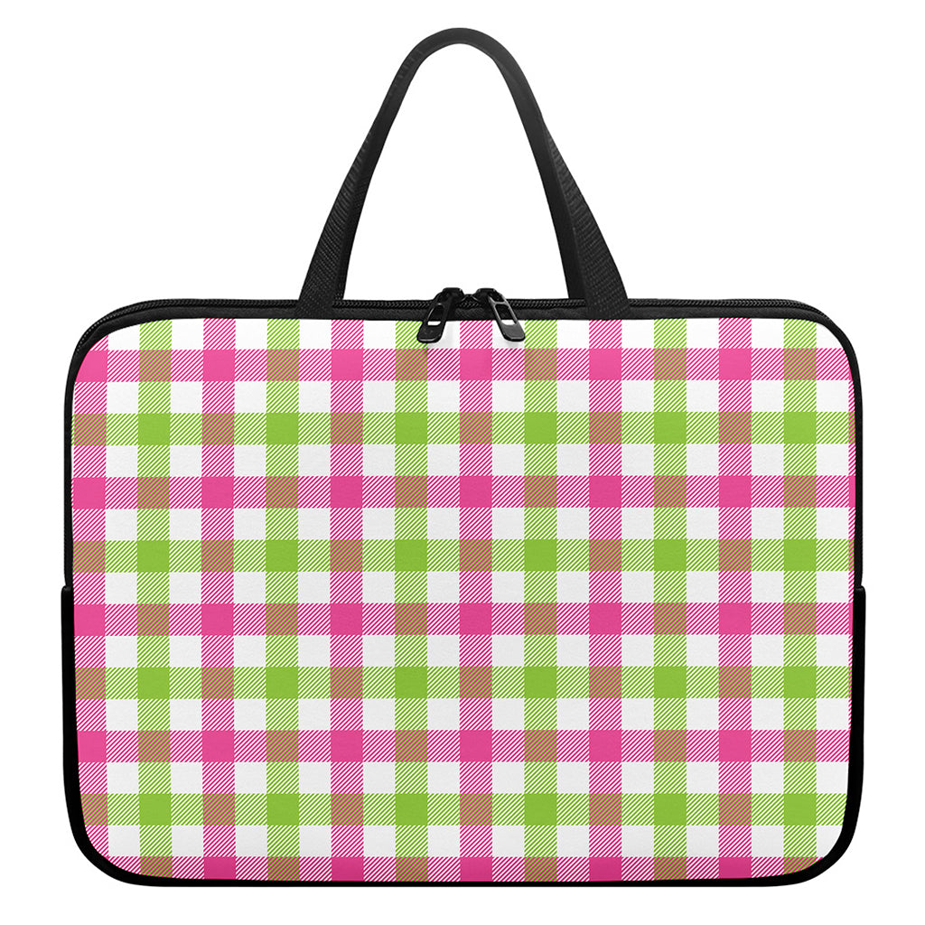 White Pink And Green Buffalo Plaid Print Laptop Sleeve With Handle